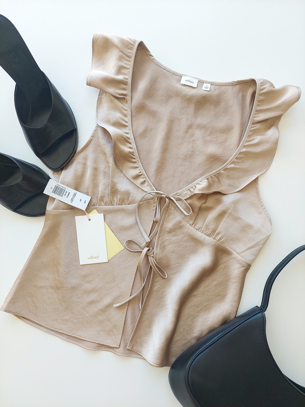 Wilfred Tonka Women's S Humus Beige Taupe Ruffle Tie-Front Satin Camisole Top